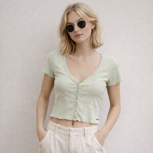 Hollister 90s Style Mint Green Ribbed Button-Up Short Sleeve Baby-Tee Top XS